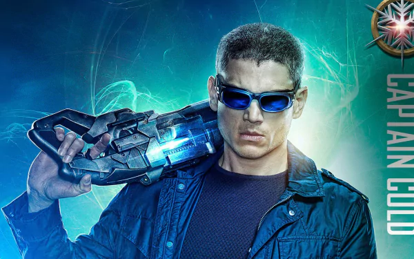 A high-definition desktop wallpaper featuring Captain Cold from DC's Legends of Tomorrow, showcasing him confidently holding a futuristic cold gun against a vibrant background.