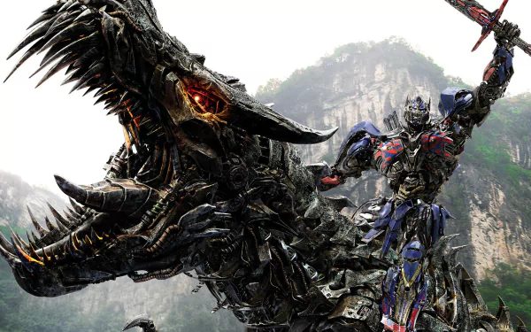 Optimus Prime rides a fierce robotic dinosaur in this striking HD wallpaper from Transformers: Age of Extinction, showcasing an epic battle-ready scene.