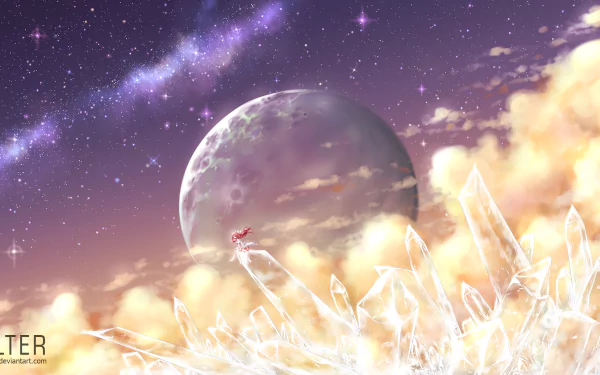 A serene anime scene features a vast sky with a large moon and shimmering crystal formations against soft clouds, creating a dreamy backdrop for your desktop wallpaper.
