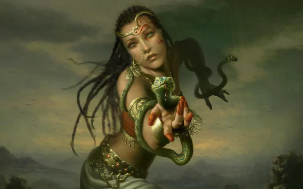 A fantasy HD desktop wallpaper featuring a woman with striking green eyes, adorned with jewelry, holding a snake as another snake coils around her arm.
