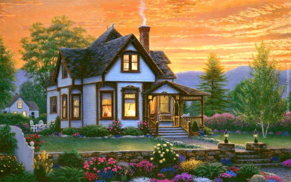 A charming cottage framed by vibrant flowers and lush trees, bathed in the warm hues of a sunset, beautifully captures the essence of serene countryside living in this artistic HD painting.