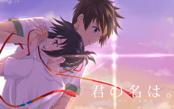 HD anime desktop wallpaper featuring Taki Tachibana and Mitsuha Miyamizu from Your Name., connected by a red thread against a glowing sunset sky.