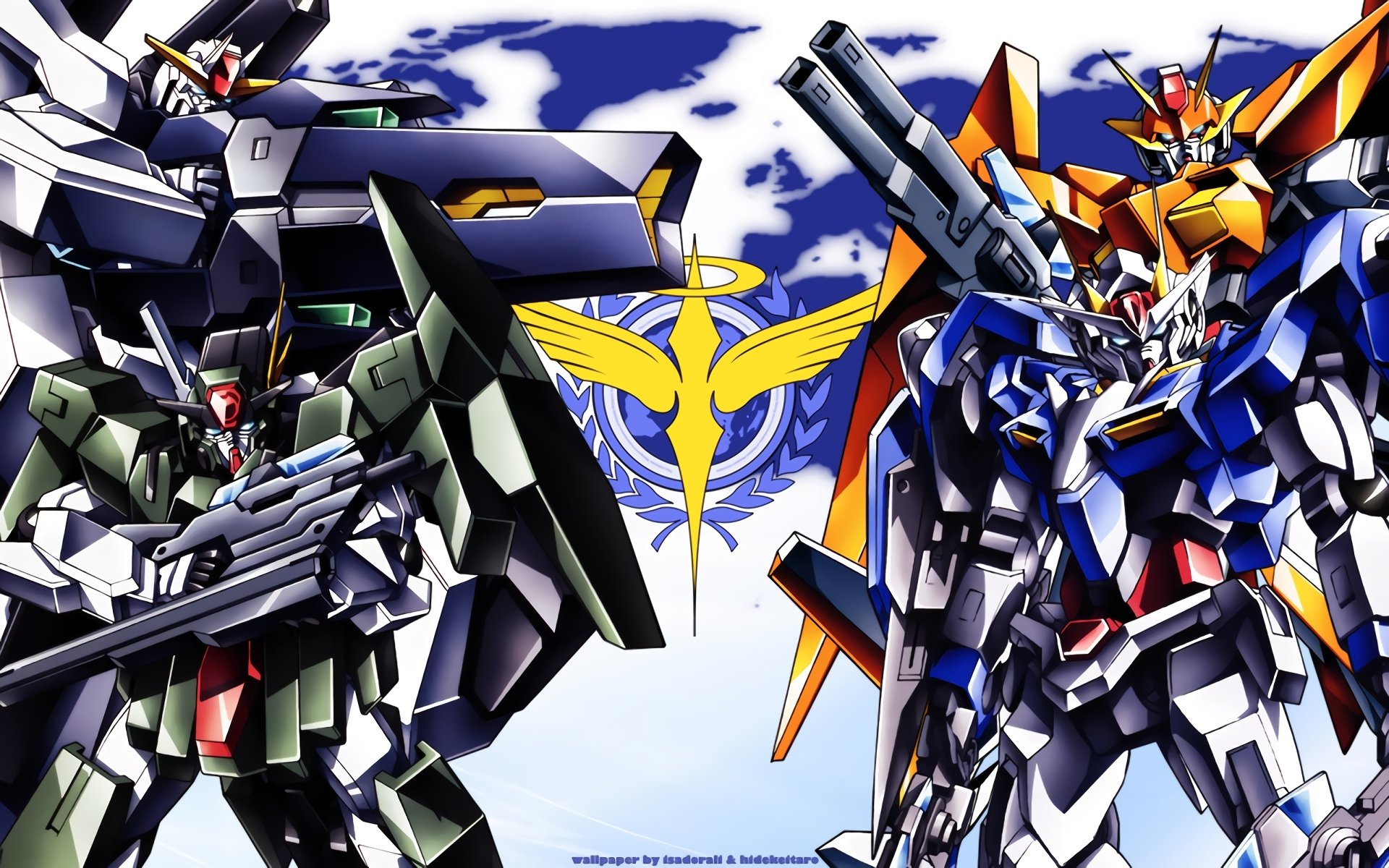 HD PC desktop wallpaper featuring detailed mobile suits from the anime Mobile Suit Gundam 00 against a blue and white background with the series emblem.