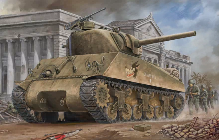 HD desktop wallpaper featuring an M4 Sherman tank in a military scene with soldiers and a historic building in the background.