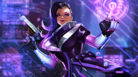 HD desktop wallpaper featuring Sombra from the video game Overwatch. Sombra is depicted in a dynamic pose with cyberpunk elements and vibrant purple and blue colors in the background.