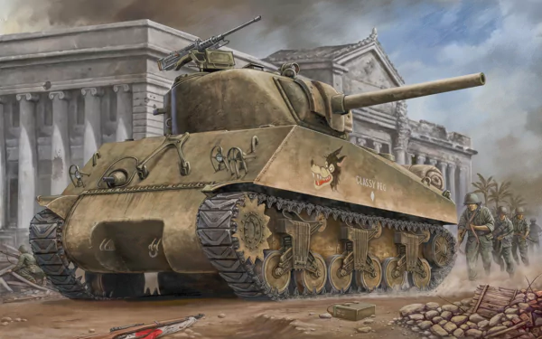 HD desktop wallpaper featuring an M4 Sherman tank in a military scene with soldiers and a historic building in the background.
