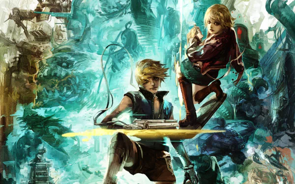 HD PC desktop wallpaper/background featuring Kachi (Sin & Punishment) and Isa Jo from the video game Sin & Punishment: Star Successor, dynamic sci‑fi pose amid teal and gold chaos.