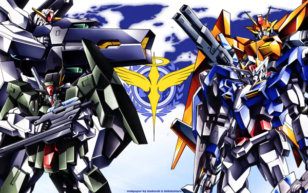 HD PC desktop wallpaper featuring detailed mobile suits from the anime Mobile Suit Gundam 00 against a blue and white background with the series emblem.