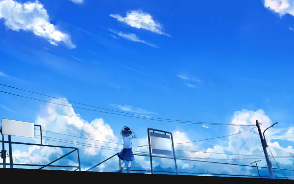 Anime Original HD PC desktop wallpaper/background: lone schoolgirl on a rooftop railing gazes at a vast blue sky with fluffy clouds, silhouetted by power lines and a distant basketball hoop.