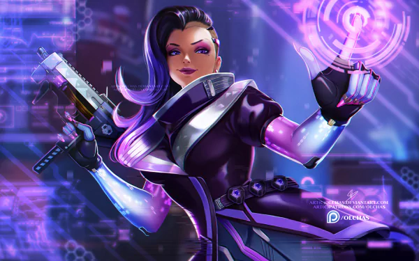 HD desktop wallpaper featuring Sombra from the video game Overwatch. Sombra is depicted in a dynamic pose with cyberpunk elements and vibrant purple and blue colors in the background.