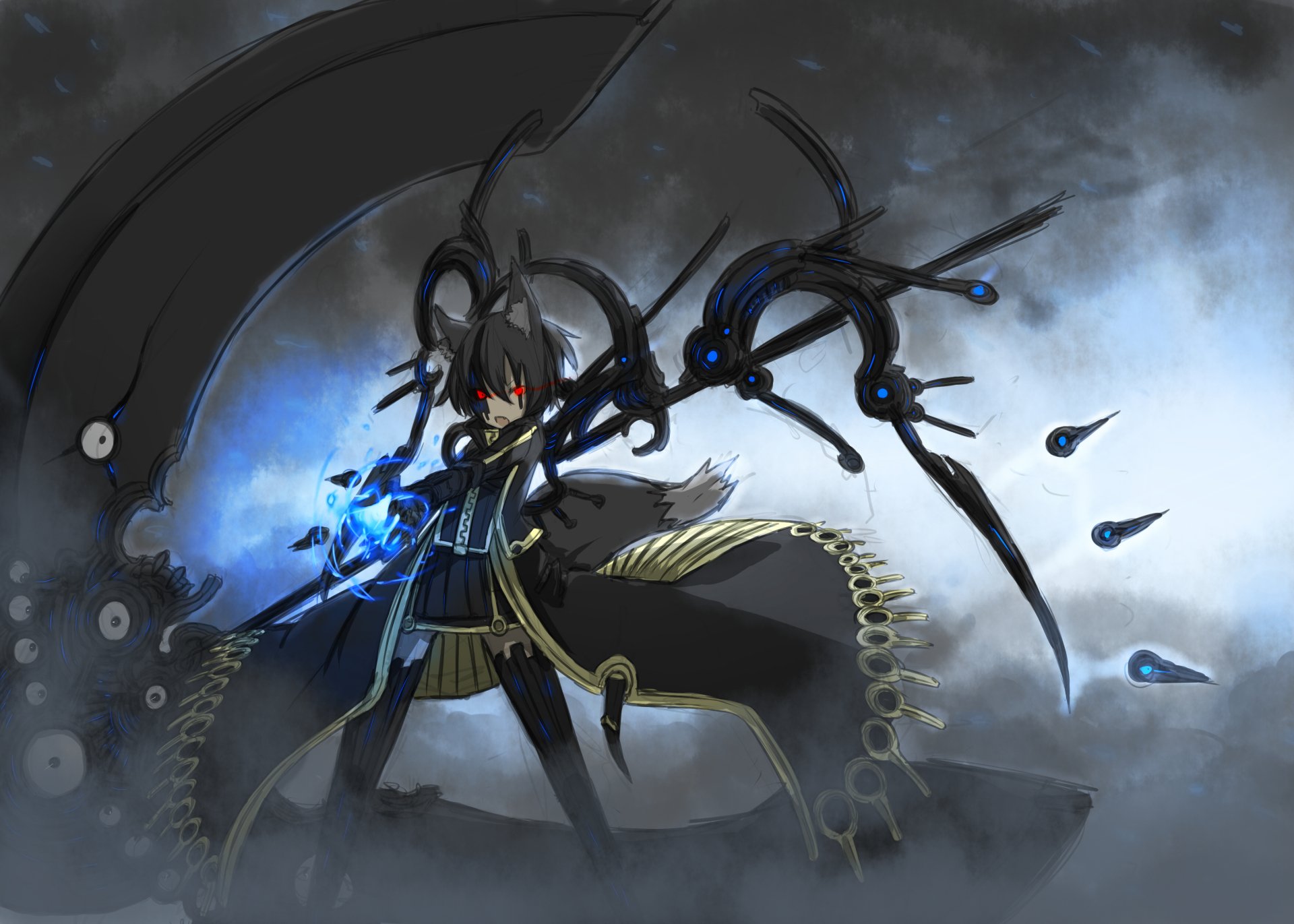 Anime original 2K Quad HD PC desktop wallpaper: dark armored figure with glowing red eyes, blue energy, mechanical tentacles and teardrop drones in stormy mist.