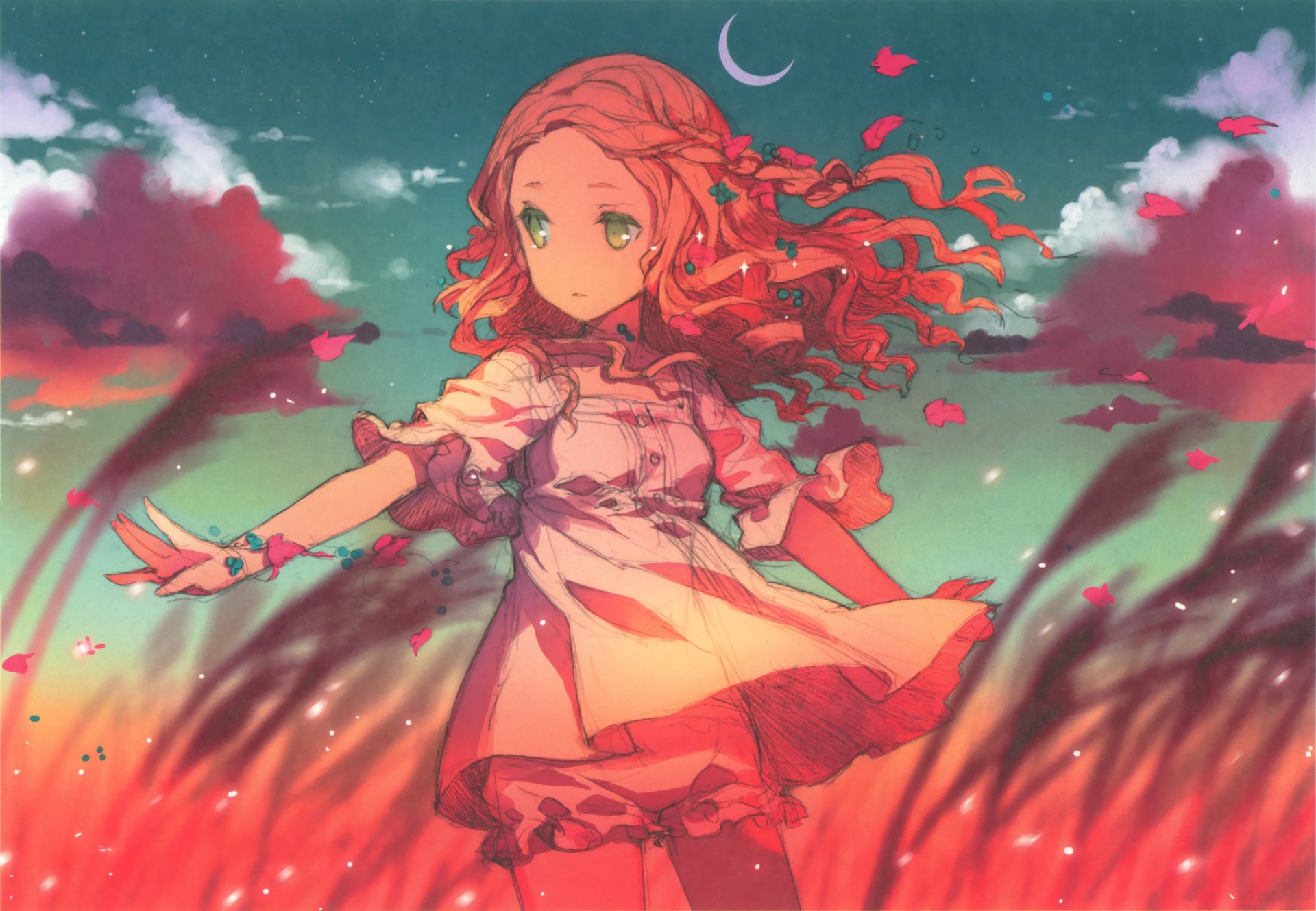 Anime artwork featuring a girl with red hair and green eyes, surrounded by clouds and petals, set against a vibrant sky. 4K Ultra HD desktop wallpaper and background.