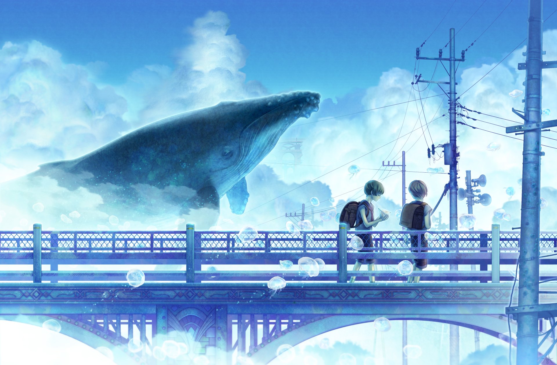 Anime-style original 4K Ultra HD desktop wallpaper depicting two characters walking on a bridge with a giant whale soaring through a vibrant sky filled with clouds.