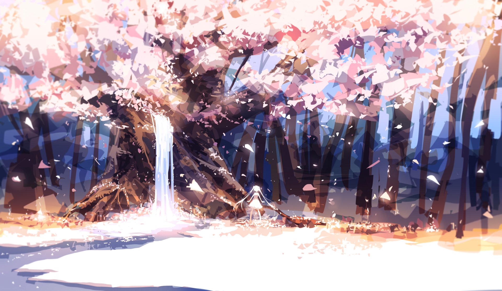Anime-style HD desktop wallpaper depicting a vibrant forest with a large blossoming tree and a gentle waterfall, surrounded by colorful foliage and soft light.