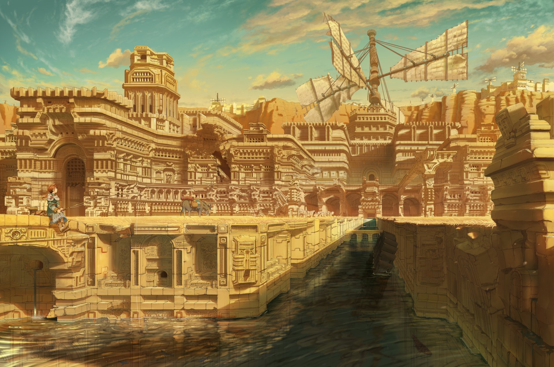 HD anime-style original artwork depicting an intricate ancient cityscape with detailed architecture and large sailing ships, designed as a PC desktop wallpaper background.