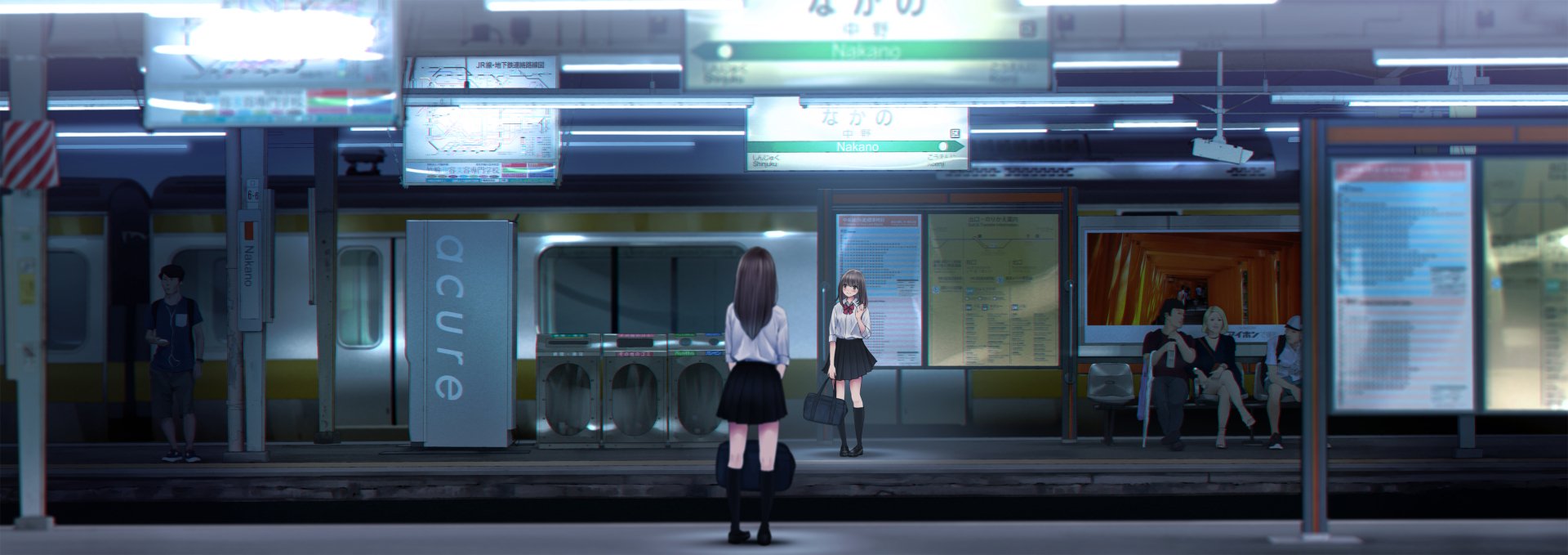 Anime-style HD PC desktop wallpaper showing two girls at a quiet, modern train station platform at night with soft lighting and detailed surroundings.