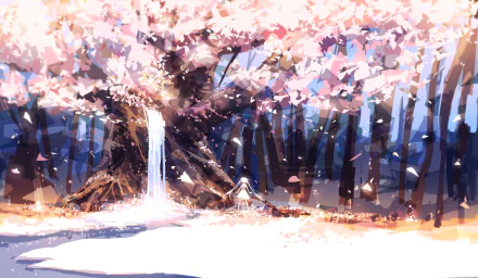 Anime-style HD desktop wallpaper depicting a vibrant forest with a large blossoming tree and a gentle waterfall, surrounded by colorful foliage and soft light.