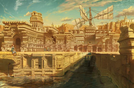 HD anime-style original artwork depicting an intricate ancient cityscape with detailed architecture and large sailing ships, designed as a PC desktop wallpaper background.