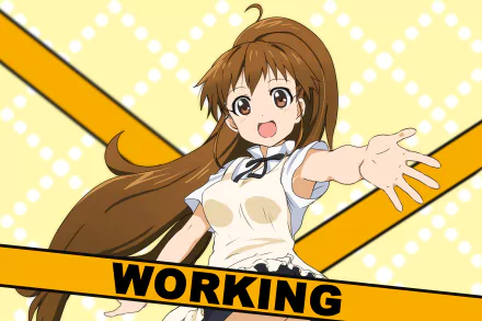 Anime HD PC desktop wallpaper of a cheerful brown‑haired waitress from Working!! reaching out against a yellow polka‑dot background with a diagonal WORKING banner.