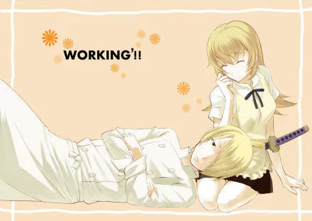 Anime Working!! HD PC desktop wallpaper/background: two blonde characters on a peach backdrop—one reclining with her head in the other's lap, floral accents and a sheathed katana at her side.