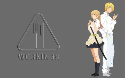 Anime Working!! HD PC desktop wallpaper: two cafe staff in uniform standing beside a triangular fork-and-knife logo on a simple gray background.