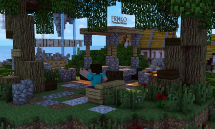Minecraft scene in vibrant 4K Ultra HD showcasing a lush, detailed outdoor area with trees, stone paths, and a character relaxing on a bench in a PC desktop wallpaper style.