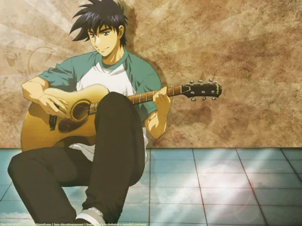 Anime-style HD desktop wallpaper featuring a character from Major playing an acoustic guitar while sitting on a tiled floor against a textured wall background.