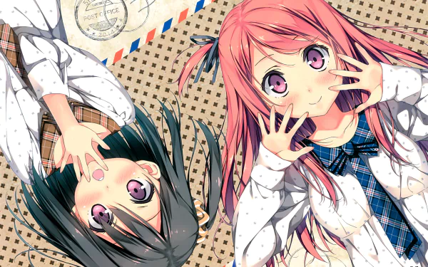 HD wallpaper featuring two anime characters from 5 Nenme no Houkago with expressive poses and vibrant colors, set against a patterned background, tagged as Anime and Original.