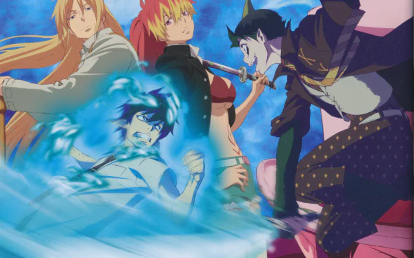 4K Ultra HD Blue Exorcist anime wallpaper featuring dynamic characters in intense action poses against a vibrant sky background, designed for PC desktops.