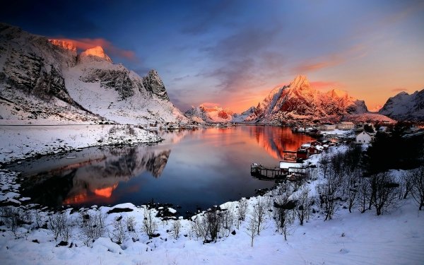 Photography Winter Earth Snow Mountain Lake Village House HD Wallpaper | Background Image