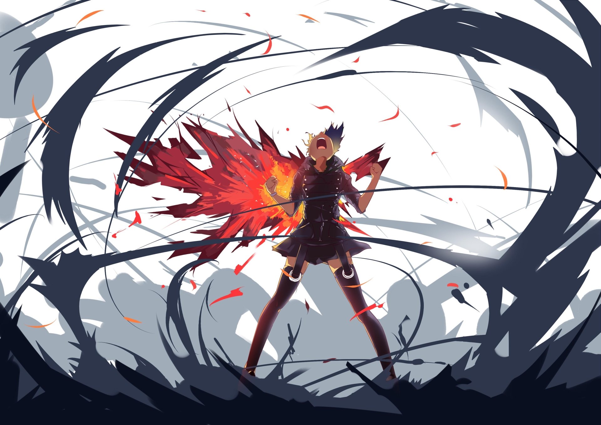 HD wallpaper of Touka Kirishima from Tokyo Ghoul. She stands confidently as red and black energy swirls around her against a pale background.