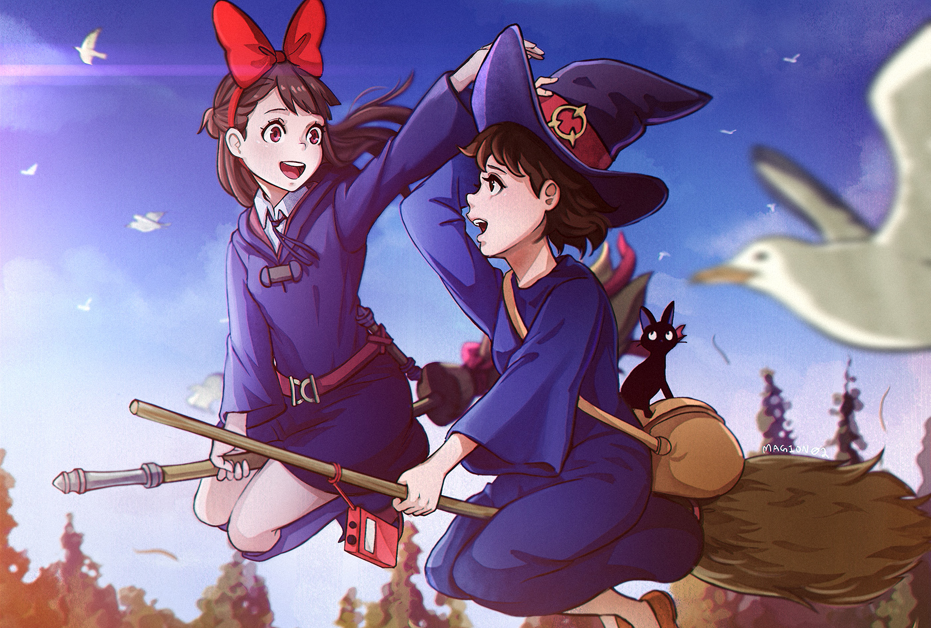 HD anime desktop wallpaper featuring Kiki from Kiki's Delivery Service and Atsuko Kagari in a vibrant crossover scene with flying birds and a glowing sky.