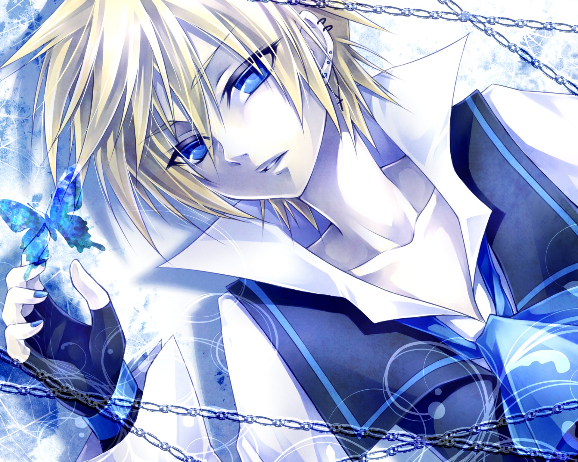Len Kagamine (Vocaloid) anime portrait holding a glowing blue butterfly in an icy-blue palette — HD PC desktop wallpaper/background.