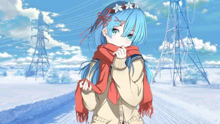 HD desktop wallpaper featuring Rem from Re:Zero - Starting Life in Another World, showcasing her blue hair, aqua eyes, and a red scarf in a snowy landscape with power lines in the background.