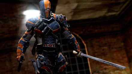 HD PC desktop wallpaper featuring Deathstroke from the video game Batman: Arkham Origins, showcasing the character in detailed armor holding a sword and pistol.