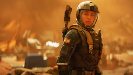 4K Ultra HD PC wallpaper featuring a soldier from the video game Call of Duty: Infinite Warfare in full combat gear against a hazy, orange battlefield background.