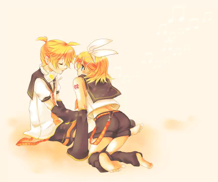 Rin Kagamine and Len Kagamine (Vocaloid anime) kneel face-to-face in soft pastel light — HD PC desktop wallpaper and background.