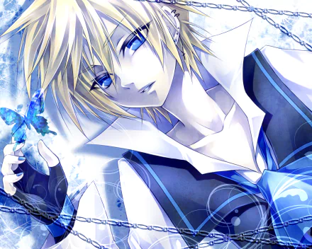 Len Kagamine (Vocaloid) anime portrait holding a glowing blue butterfly in an icy-blue palette — HD PC desktop wallpaper/background.