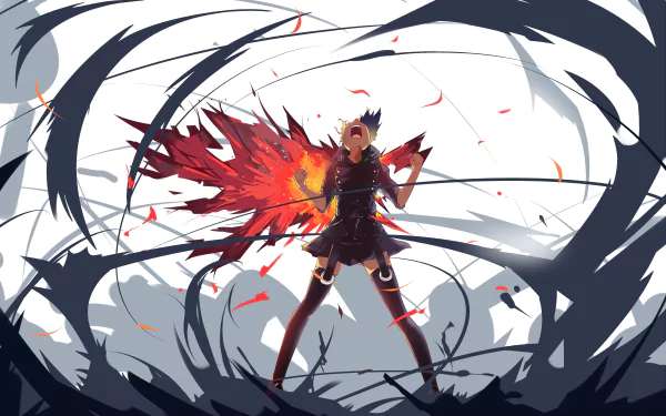 HD wallpaper of Touka Kirishima from Tokyo Ghoul. She stands confidently as red and black energy swirls around her against a pale background.