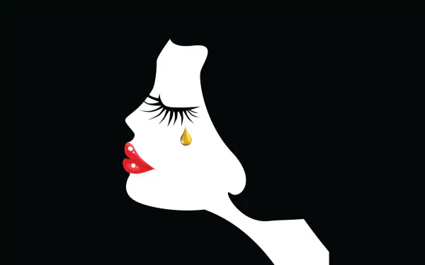 Minimalist HD PC desktop wallpaper: white female profile silhouette with long lashes, red lips and a single gold tear on a black background, inspired by the movie Cafe Society.