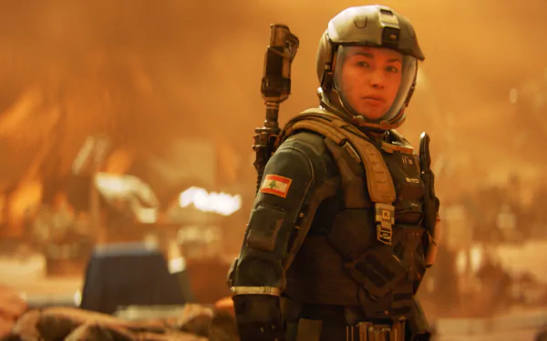 4K Ultra HD PC wallpaper featuring a soldier from the video game Call of Duty: Infinite Warfare in full combat gear against a hazy, orange battlefield background.