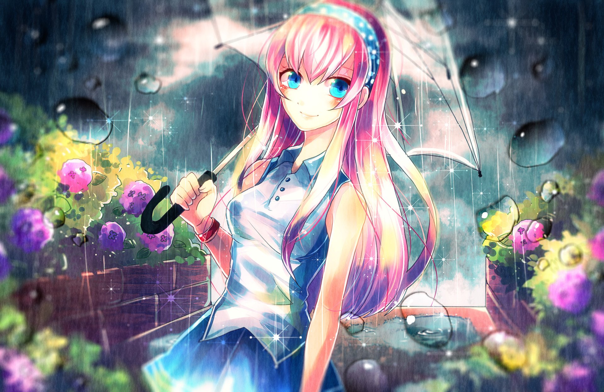 HD PC wallpaper featuring Luka Megurine from Vocaloid, depicted as an anime girl with pink hair holding a transparent umbrella in a rainy, flower-filled scene.