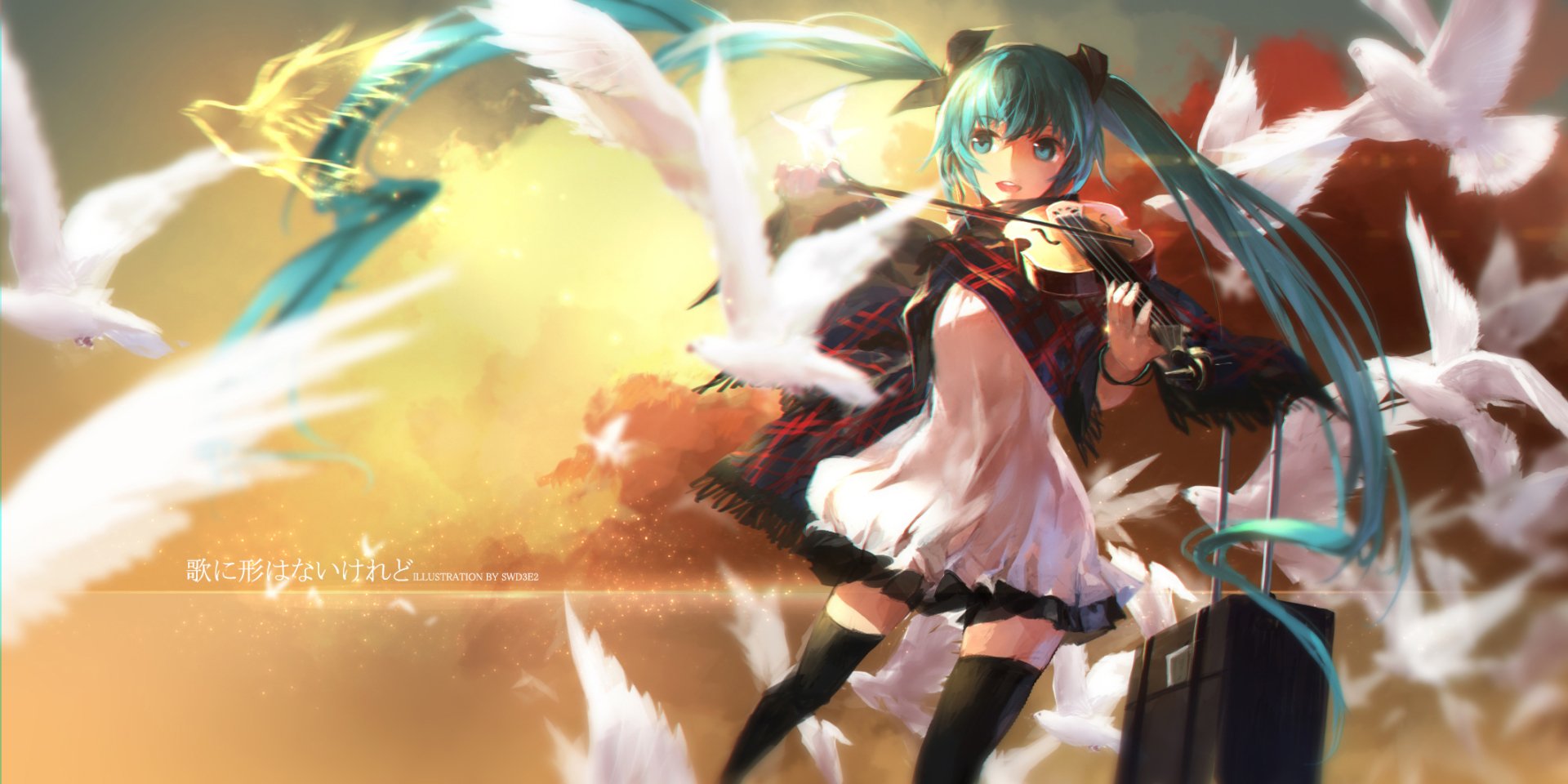 HD desktop wallpaper featuring Hatsune Miku, a character from the Anime and Vocaloid series. She is depicted in a dynamic pose with flowing teal hair, surrounded by feathers and a glowing backdrop.