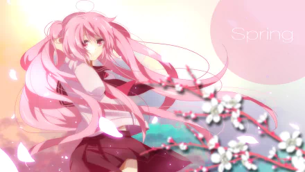 Sakura Miku anime Vocaloid with long pink hair and flowing ribbons amid cherry blossoms and soft pastel light — HD PC desktop wallpaper/background.