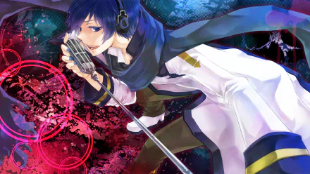 HD PC desktop wallpaper of Kaito (Vocaloid): blue-haired anime singer with scarf and white coat holding a microphone against an abstract red-blue background.