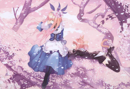 Anime-style 4K Ultra HD desktop wallpaper depicting two characters inspired by Alice in Wonderland in a dreamy pink cherry blossom setting.