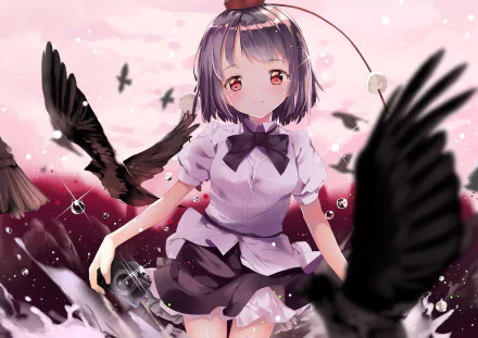 Aya Shameimaru (Touhou) anime 5K Ultra HD PC desktop wallpaper: short-haired reporter holding a camera, black bow and skirt, surrounded by flying crows under a pink sky.