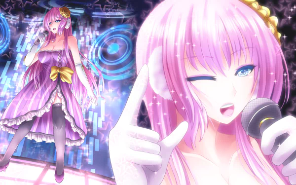 HD PC desktop wallpaper featuring Luka Megurine from Project Diva (Vocaloid), anime-style pink-haired singer winking with a microphone on a neon stage in a frilly purple dress.