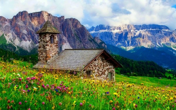 Religious Chapel Church Stone Field Flower Mountain HD Wallpaper | Background Image