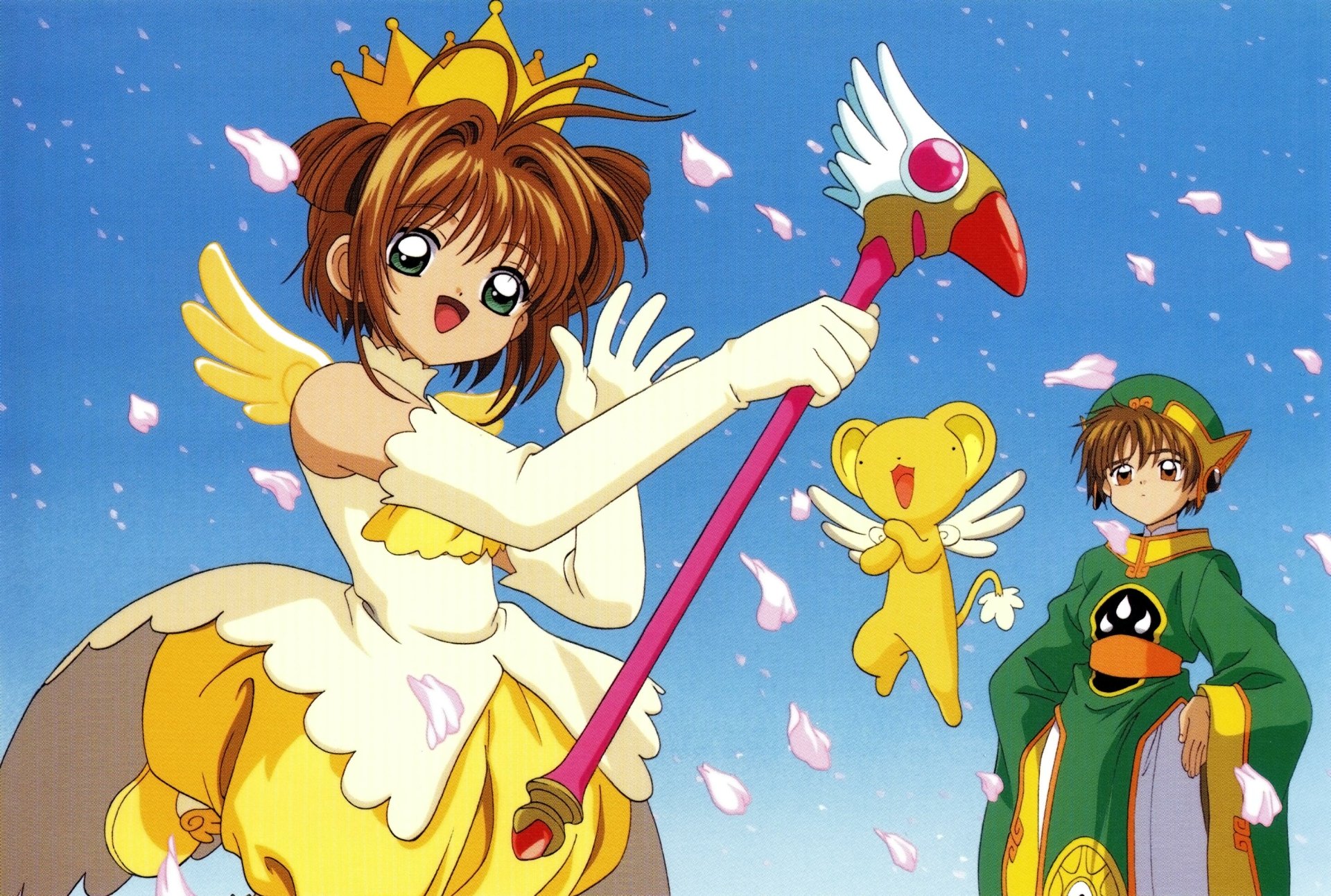 Cardcaptor Sakura anime 2K Quad HD desktop wallpaper: Sakura Kinomoto in a yellow costume with her staff, Keroberos floating nearby, Syaoran Li in a green cloak amid falling cherry petals.
